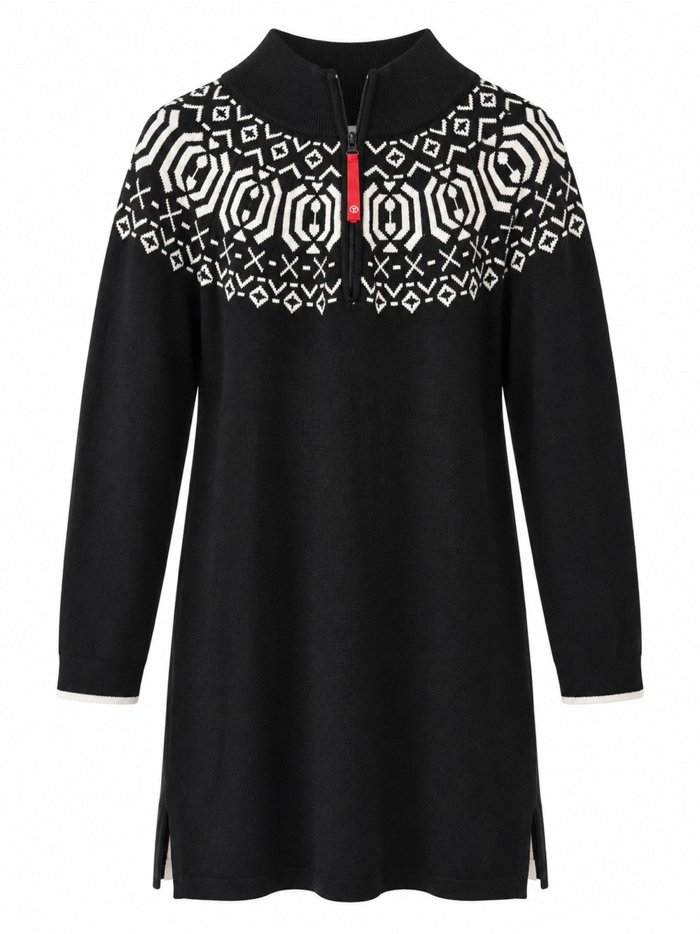 T by Talbots Fair Isle Quarter Zip Tunic Sweater Black Ivory XL